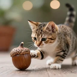 a macro photo of the tiniest cat playing with an acorn as big as the cat, bokeh, award winning photography, 8 k, high detail
