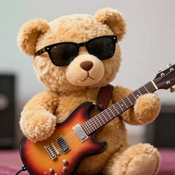 a photograph of a teddybear he is holding a guitar and wearing sunglasses, he is a rockstar, vivid color, 50mm, depth of field