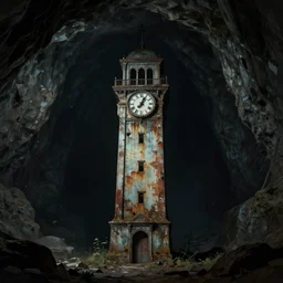an abandoned old rusty clocktower in a dark enormous cave, Low level, rendered by Beeple, Makoto Shinkai, syd meade, simon stålenhag, synthwave style, digital art, unreal engine, WLOP, trending on artstation, 4K UHD image, octane render