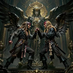 pirates fighting angels of God, cinematic atmosphere, maximized, high detail, 8k, ornate, dark fantasy, masterpiece, complex, film still from the movie directed by Denis Villeneuve