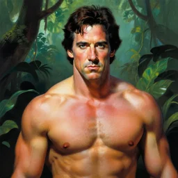 color portrait muscular fjim carrey  in the jungle by frank frazetta