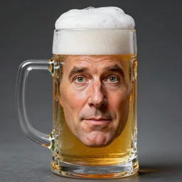 stephen colbert face inside a foamy!!! a clear beer stein, 8 k, ultra realistic details