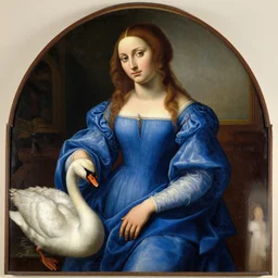 large oil portrait of woman in a blue dress with a swan by da vinci. michelangelo. masterpiece. restored. vibrant color and fine detail.