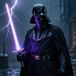 darth sidious with lightsaber, heavy rain, lightning, moody lighting, shallow depth of field,