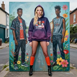 hunter schafer in the style of martine johanna and! jenny saville!, wearing a hoodie, standing in a township street, street fashion outfit, haute couture fashion shoot, mascara, full figure painting by john berkey, david choe, ismail inceoglu, decorative flowers, 2 4 mm, die antwoord ( yolandi visser )