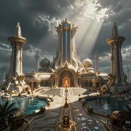 matte painting of atlantis, glorious, futuristic, wide angle lens, techno civilization