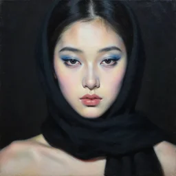 photorealism oil painting, close - up portrait from above of fashion model in black scarf, delicate blue makeup, sad eyes, dark background, in style of classicism mixed with 8 0 s japanese sci - fi books art