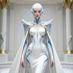 detailed portrait glam cyber noun, attractive feminine curves, intricate, scifi, futuristic, elegant cape, elegant, alien room background, white, blue, gold, photorealism, intricate line drawings, by craig mullins, ruan jia, kentaro miura, greg rutkowski, loundraw