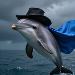 a beautiful dolphin with a hat and a blue cape as superman