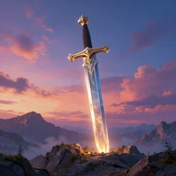 giant sword implanted onto a mountain, colourful sky, shining blade, by sylvain sarrailh, rossdraws, ambient light, ultra detailed, fantasy artwork, 8 k, volumetric lighting, trending on artstation, award winning, very beautiful.