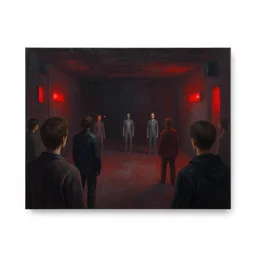 a group of people in a dark room with red lights, an ultrafine detailed painting by victor mosquera, cg society, les automatistes, dystopian art, reimagined by industrial light and magic, redshift