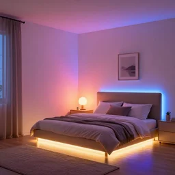 govee led strip lighting in bedroom, scene, colourful, 8 k, unreal engine, realistic, house and home,