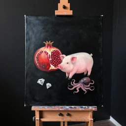 painting of a black painted canvas on an easel in a dark room with black walls, pomegranate, pig, pork, octopus, diamonds, smooth stone, minimalist, oil on canvas