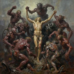 oil paint of flayed god machines, cluster battle chaos machines terrifying, sheen rotting, by alberto bontempi, alex ross, shigeru komatsuzaki, wayne d barlowe, alex ross, stefano tamburini, simon bisley & boris vallejo, enric torres, hyper realism, narrative light, muted colors, epic, hyper detailed, awe inspiring, award winning