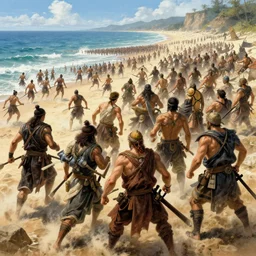 epic action scene, ultra realistic illustration by gaston bussiere craig mullins jc leyendecker gustav klimt artgerm greg rutkowski john berkey, bergey, craig mullins, ruan jia, raymond swanland, jeremy mann, tom lovell, alex malveda, ray casting, hdr, anime. i dreamed of a beach. many hundreds of warriors went ashore.