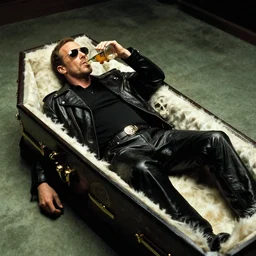 laurence fishburne as morpheus, leather jacket, sunglasses, lying in a casket, coffin!!! death basket, drinking a 4 0, by gaston bussiere, craig mullins