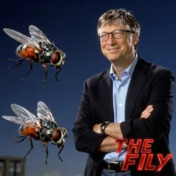 a film still of Bill Gates turning slowly into a fly from the movie The Fly, promotional photo