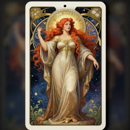 a full body tarot card of the red haired thick empress of eternity, space, universe, portrait, highly detailed, deep focus, elegant, digital painting, smooth, sharp focus, illustration, ultra realistic, 8 k, art by artgerm and alphonse mucha