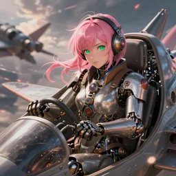 mechanical female steampunk robot fighter pilot mechanical girl with pink hair and green eyes jacked into the jet cockpit. beautiful. detailed. battle background