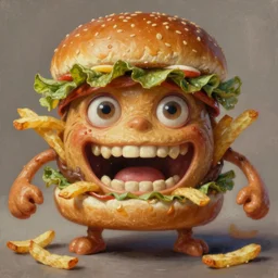 a monster with a head like a hamburger, burger with human eyes, burger with human mouth, teeth, very detailed eyes, french fries as arms, character concept art, fantasy, intricate, fantasy drawing, illustration, highly detailed, hyperrealistic, cgsociety, artstation, oil painting by greg rutkowski, by artgerm