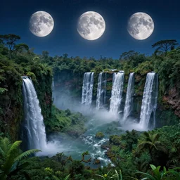 photography of a highly detailed and very beautiful jungle landscape with photorealistic waterfalls, by night. three big moons in the sky. the sky is full of stars. greg rutkowski, zabrocki, karlkka, jayison devadas, intricate, artstation, 8 k, unreal engine 5