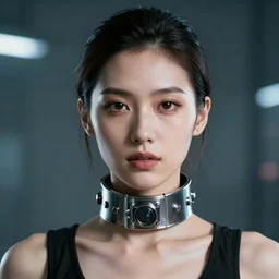 a portrait picture of a cyberpunk woman wearing a steel collar choker , highly detailed, high quality, HD, 4k, 8k, Canon 300mm, professional photographer, 40mp, lifelike, top-rated, award winning, realistic, sharp, no blur, edited, corrected, trending