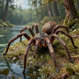a giant spider crawling through a forest next to a lake, by michael komarck and john howe, intricate detail, finely detailed, small details, extra detail, photorealistic, high resolution, vray, hdr, hyper detailed, insane details, intricate, elite, ornate, elegant, luxury, dramatic lighting, octane render, weta digital, micro details, 3 d sculpture