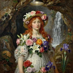 oil painting, social realism, cave with waterfall, redheaded girl wearing hat of flowers and dress of fresh flowers, decorated with flowers, roses, lilies, chrysanthemums, irises, water drops, water jets, overhead light, botticelli style 4 k, 8 k