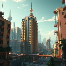 in the style of assassin's creed, retro futuristic solarpunk city, brutalist architecture, straight edged buildings,