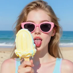 portrait of beautiful girl on the beach, pink sunglasses, licking giant sorbet icecream half covering her face, pastel shades of yellow en light blue, beautiful face, rule of thirds, spotlight, drips of paint, expressive, passionate, by greg rutkowski, by jeremy mann, by francoise nielly, by van gogh, digital painting