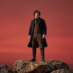 a man standing on a rock,the sky is red and the man is wearing 1800s historical clothes,8k quality