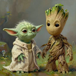 Painting of a fusion between Yoda and Groot, Thomas Kinkade