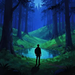 silhouette of a man with a backpack in a hilly green blue fantasy redwood forest with ponds at dusk. perspective landscape fantasy. high contrast, strong shadows. deep colorful soft gradients, rich blue tones. by norman rockwell, johfra bosschart, and eyvind earle. artstation