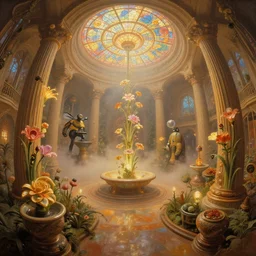 fish eye lens, twirl minimalist 3 d fractal oil painting by donato giancola, warm coloured, cinematic scifi bioluminescent luxurious futuristic foggy steam filled victorian garden circular cathedral interior with microscopy minimalist stained glass flowers growing out of pretty bulbous ceramic fountains, gigantic pillars and flowers, maschinen krieger, beeple, star trek, star wars