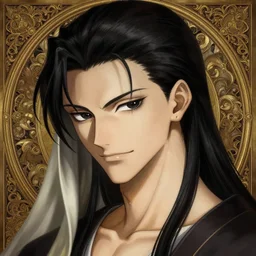portrait of gon freecs!! hunter hunter!! male!! sharp jaw black irises narrow sultry eyes black hair swept back smirk dark medium length hair, anime, fantasy, intricate, elegant, highly detailed, digital painting, artstation, concept art, matte, sharp focus, illustration, art by artgerm wlop greg rutkowski and alphonse mucha, madonna