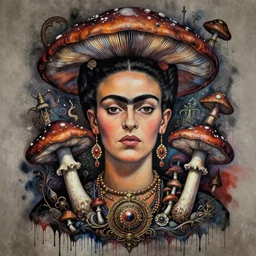 psychedelic mushrooms shamanic dmt art, the meaning of capitalism, dark and muted colors, by frank frazetta, by frida kahlo, street art, dripping paint, spray paint, portrait, insanely detailed and intricate, hypermaximalist, elegant, ornate, hyper realistic, super detailed