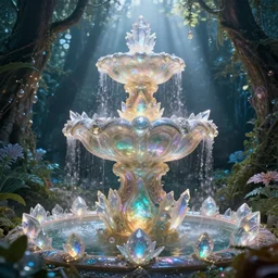beauteous sumptuous, with incredible iridescent pearlescent voluminous fluorescent neon indirect soft glow cinematic lighting, fountain of youth, secret garden, crystalline masterpiece incrustations, hyperdetailed features, movie still, intricate, octane render, cinematic forest lighting, unreal engine, crepuscular rays, god rays