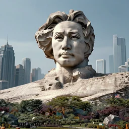 a sculpture of mao zedong's sculpture in cyberfunkcity a made of rocks by lodovico di leonardo buonarroti di simoni, highly detailed, hyperrealism, digital art, artstation, concept art, detailed and intricate environment, ultra wide shot