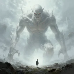 a giant ethereal pale humanoid monster looming over a tiny human in an epic landscape, ethereal fantasy, blooodborne, artstation, james gurney