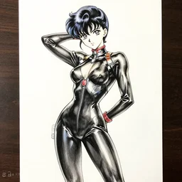 luxury advertisement, beautiful aesthetic inspirational masterful professional ink pen liner sketch of a 1 9 9 0 s anime manga japanese girl posing in latex plugsuit, by boris vallejo, marvel style, concept art, fine details, trending on artstation, high quality paper, instagram photo. art university academy work, gnomon, calarts