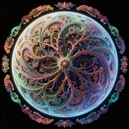 close up circular border with abstract symmetrical designs deep colorful sphere, concept art, nature, fractals, depth of field, roots, fluid simulation in houdini, subsurface scattering, volumetric, very detailed, trending on artstation, rendered in octane, cgsociety