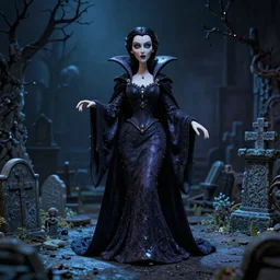 photo taken of an epic intricate, ultra detailed, super realistic stop motion puppet of a majestic gracious regal aristocratic brunette female vampire in a graveyard filmset created by weta workshop directed by tim burton, menacing, wide angle, moody night time scene, photorealistic, sharp focus, gloomy, extremely cold blueish colour temperature, 3 5 mm, f 1. 4