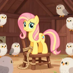 twilight sparkle is tied to a chair in a barn surrounded by owls, friendship is magic, mlp, tied to a chair with a rope, struggling, owls are all around her, extremely detailed, pixiv, beautiful, painterly, full accurate eyes