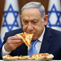 a photo of Benjamin Netaniahu eating pizza