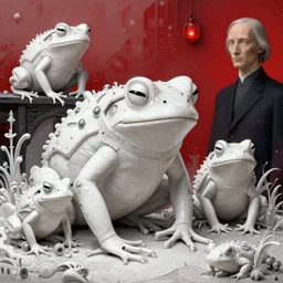 a white cyberpunk frogs, naturecore, in the style of beksinski, by rene magritte, intricate and epic composition, white by caravaggio, color fields, insanely quality, highly detailed, masterpiece, red light, artstation, 4 k