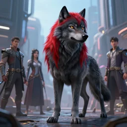 beautiful dark gray anthropomorphic wolf with long red hair in a futuristic city. character design by cory loftis, fenghua zhong, ryohei hase, ismail inceoglu and ruan jia. artstation, volumetric light, detailed, photorealistic, fantasy, rendered in octane