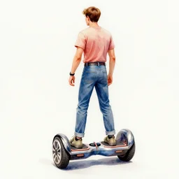 photorealistic watercolor of marty mcfly skating on the hoverboard from back to the future 2, in the style of steve hanks