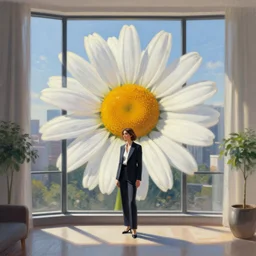 huge daisy flower head, a woman in suit, standing in modern window in luxury apartment, surreal photography, sunlight, impressionist painting, digital painting, artstation, simon stalenhag