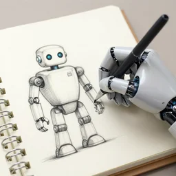 a robot hand sketching a robot on a notebook, realistic, thumbnail