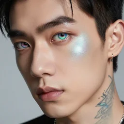 an extremely beautiful and handsome and attractive young man. pinballpunk. skin is normal color, but is metallic with irridescent tattoos. the iris of the eye is irridescent.